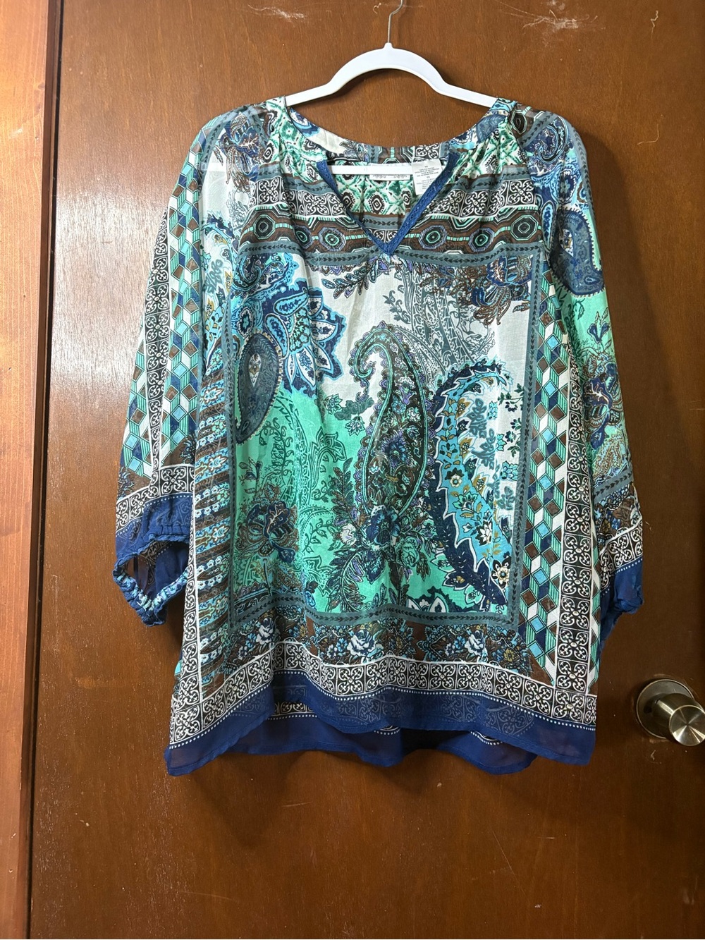 Paisley Print Peasant Top in Teal & Blue